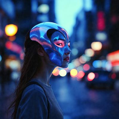 The primary subject of the image is a woman wearing a silver mask. She is standing on a city street at night, with a few other people visible in the background. The visual style of the image is a photo, and the dominant colors are blue and silver, creating a mysterious and atmospheric mood.
